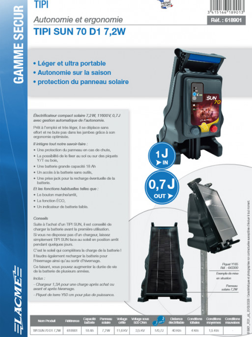 Electrificateur solaire Tipi Sun 70 D1 7.2W Lacmé