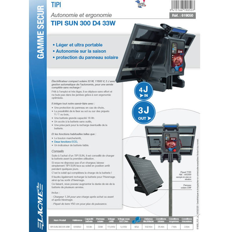 Electrificateur solaire Tipi Sun 300 D4 33W Lacmé
