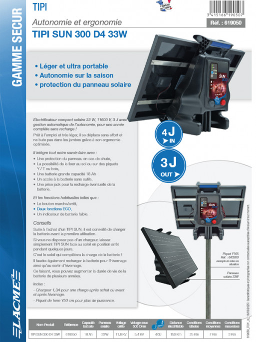 Electrificateur solaire Tipi Sun 300 D4 33W Lacmé