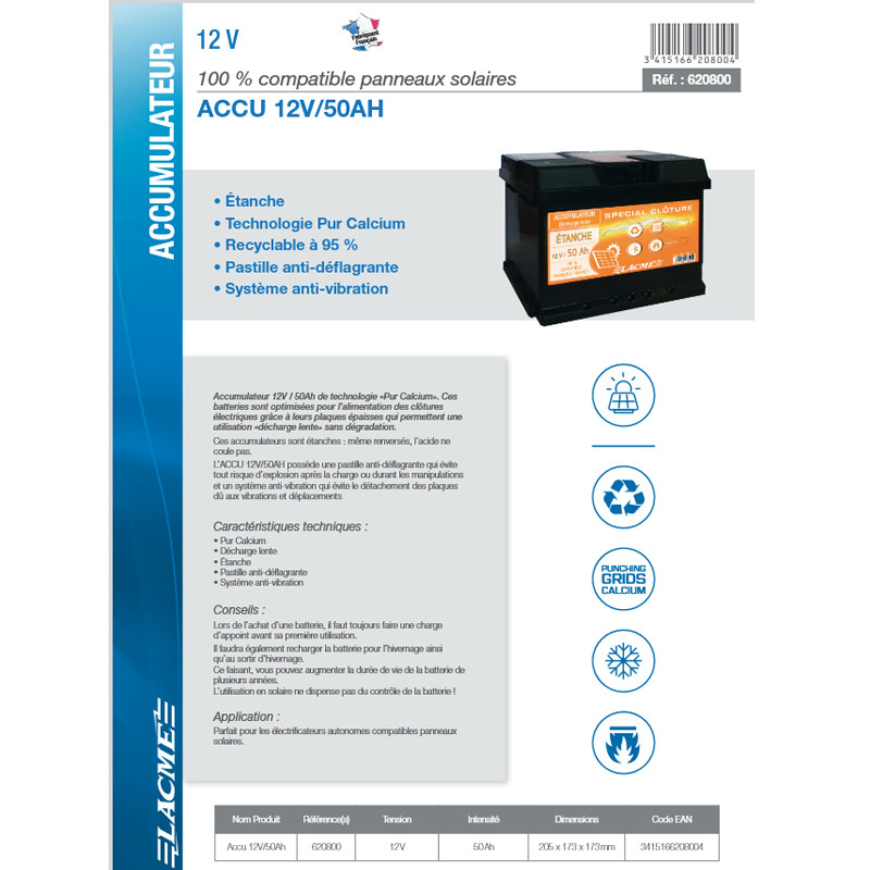 Accumulateur 12V/50Ah Lacmé