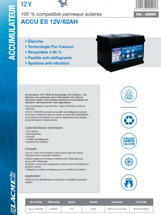 Accumulateur 12V/62Ah Lacmé