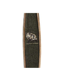 Bretelle d'arme en cuir et loden, broderie motif Sanglier