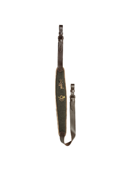 Bretelle d'arme en cuir et loden, broderie motif Chevreuil & Trompe Bretelle d'arme en cuir et loden, broderie motif Chevreuil & Trompe