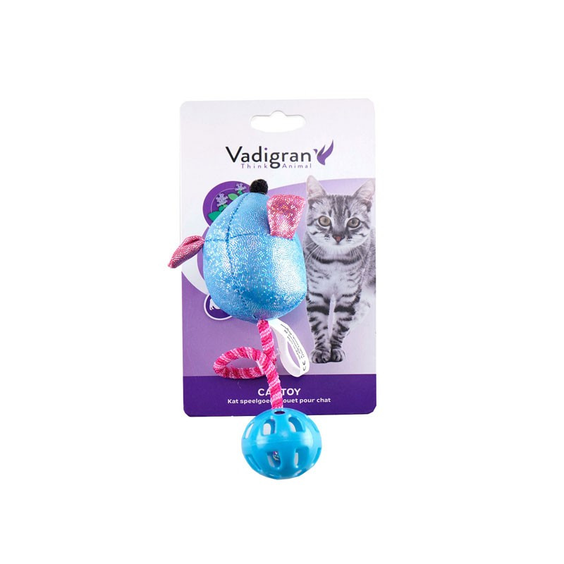 Jouet chat souris avec balle élastique bleue Vadigran