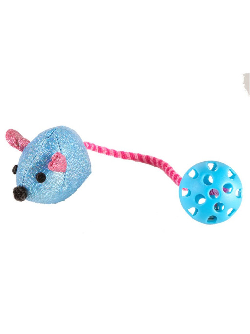 Jouet chat souris avec balle élastique bleue Vadigran