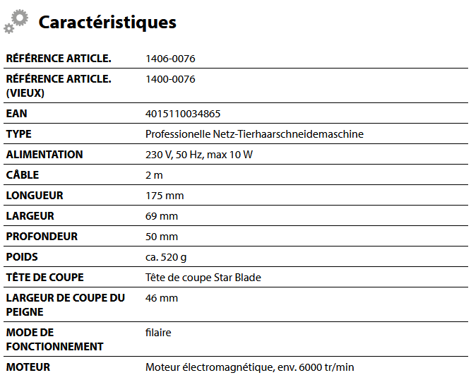 Caractéristique tondeuse 1400 Moser