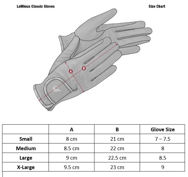 Guide des tailles gants LeMieux